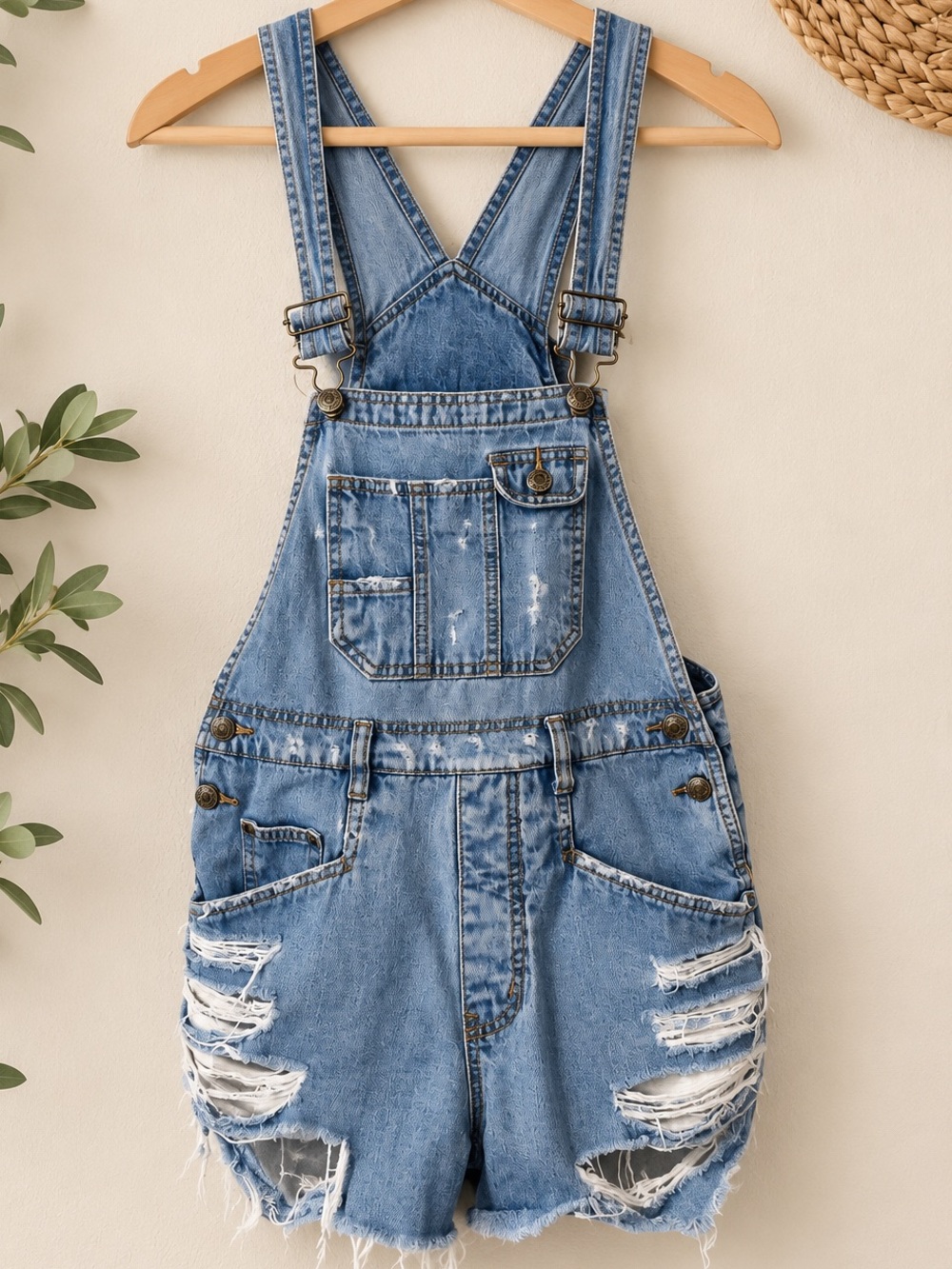 Vintage authentic St. John's Bay Light Blue Distressed Denim Short Overalls x